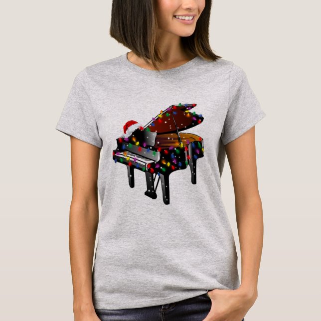 Piano Santa Hat Christmas Tree Funny Music Loves T-Shirt (Front)