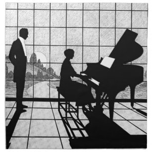 Piano Silhouette Art Deco Style Black and White Cloth Napkin