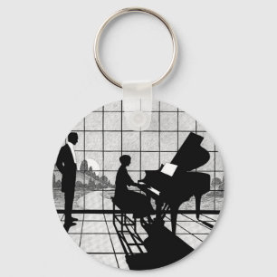 Piano Silhouette Art Deco Style   Black and White  Keychain