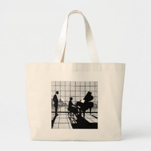 Piano Silhouette Art Deco Style Black and White Large Tote Bag