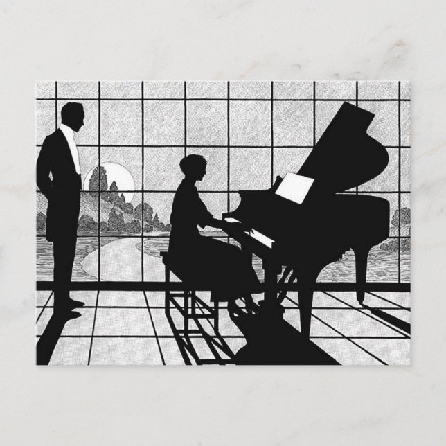 Piano Silhouette Art Deco Style | Black and White  Postcard (Front)