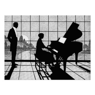 Piano Silhouette Art Deco Style   Black and White  Poster