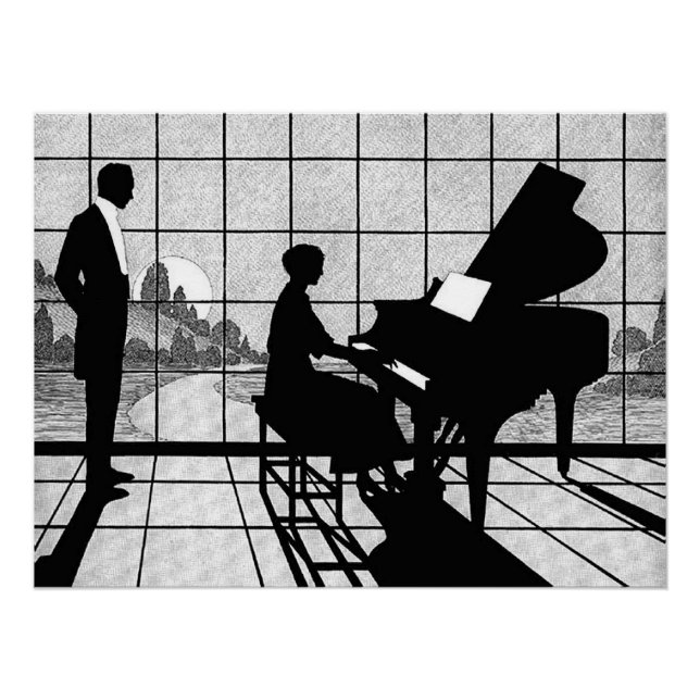 Piano Silhouette Art Deco Style | Black and White  Poster (Front)