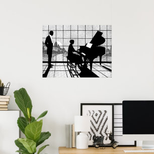 Piano Silhouette Art Deco Style   Black and White  Poster