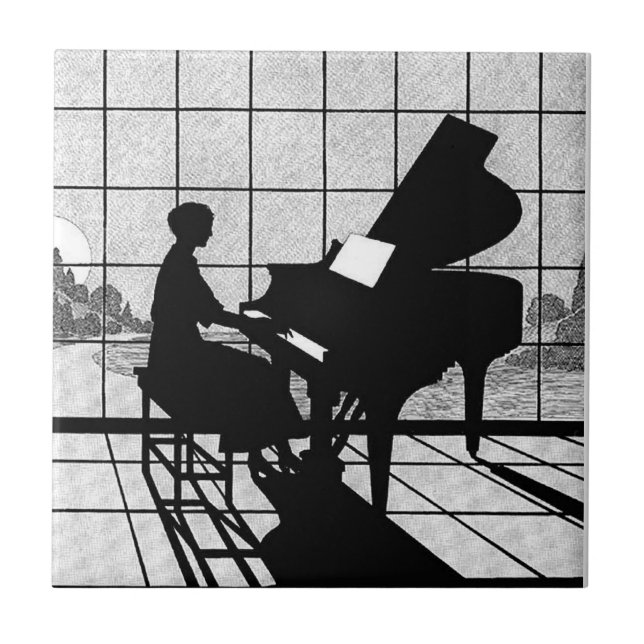Piano Silhouette Art Deco Style | Black and White  Tile (Front)
