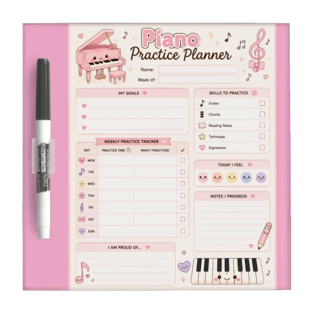 Piano Study Routine Fridge Magnet Organizer Dry Erase Board (Front)