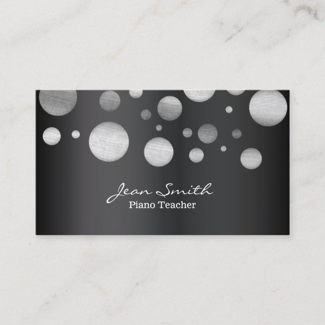 Piano Teacher Modern Silver Polka Dots Business Card (Front)