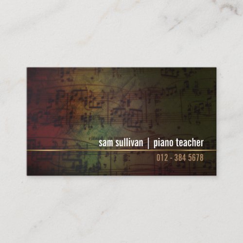 Piano Teacher Musician Grunge Music Notes Business Card