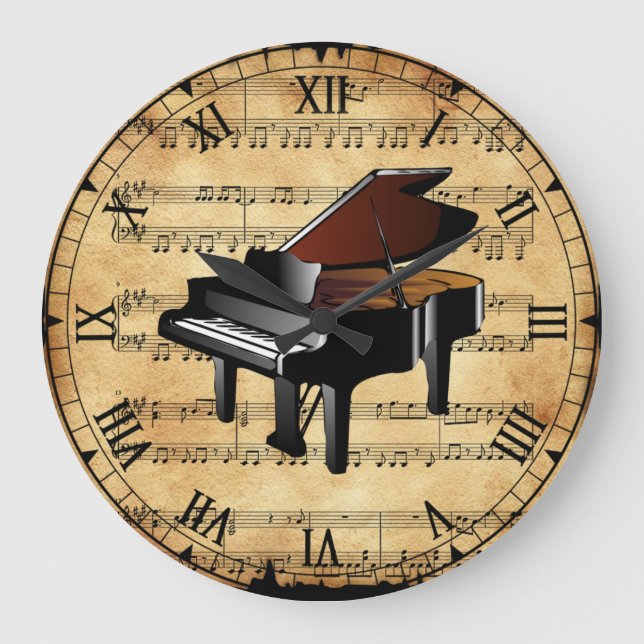 Piano ~ Vintage Sheet Music Background ~ Unique Large Clock (Front)