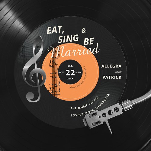 Piano Vinyl Music Themed Treble Clef Black Wedding Invitation