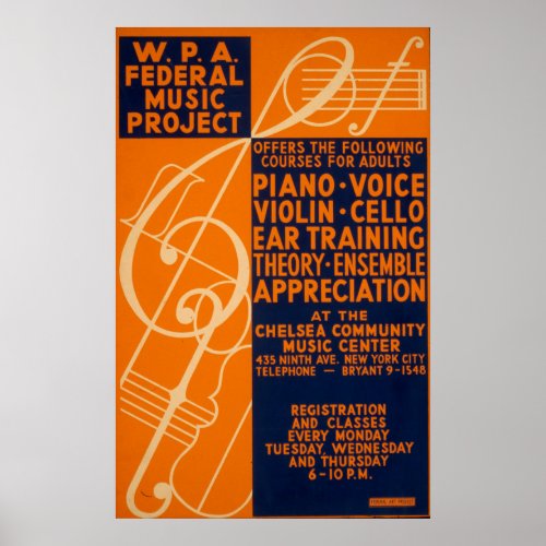 Piano Violin Classes 1939 Vintage WPA Poster