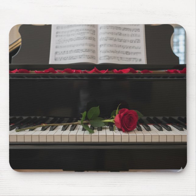 Piano with red rose and rose petals mouse pad (Front)