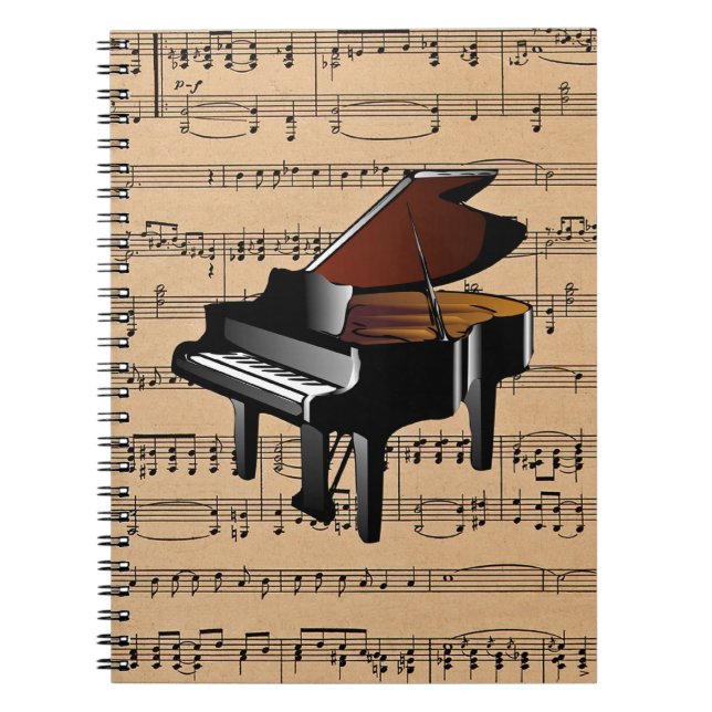 Piano ~ With Sheet Music Background Notebook (Front)