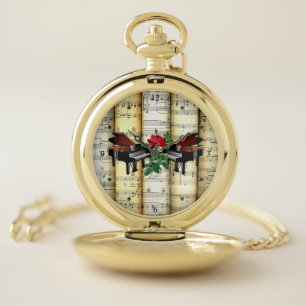 Pianos & Rose ~ Rolled Sheet Music ~ Great Gift ~ Pocket Watch