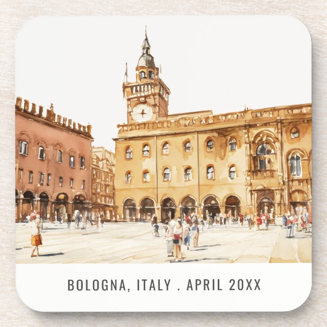 Piazza Bologna Italy Watercolor Italian Travel Beverage Coaster (Front)