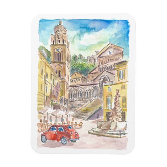 Piazza Duomo in Amalfi Driving in Red Car the Gulf Magnet (Vertical)