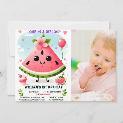 pic pink summer one in a melon first 1st birthday invitation