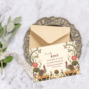 Pichwai Indian Lotus Peacock Wedding RSVP Card