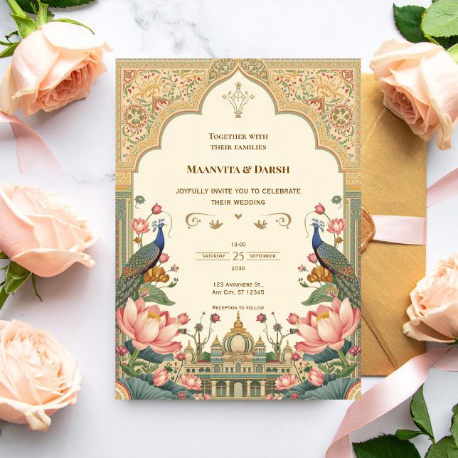 Pichwai Indian Peacock Lotus Wedding Invitation (Creator Uploaded)