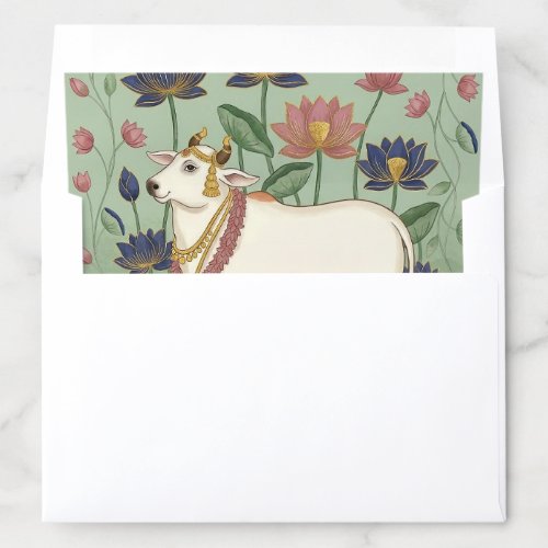 Pichwai Kamdhenu Cow and Lotus Indian Wedding Envelope Liner
