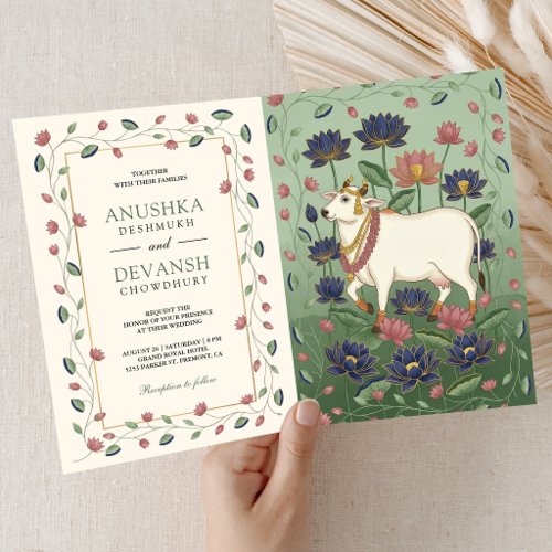 Pichwai Kamdhenu Cow and Lotus Indian Wedding Invitation