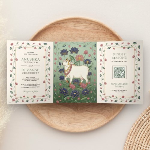 Pichwai Kamdhenu Cow and Lotus Indian Wedding Tri-Fold Invitation