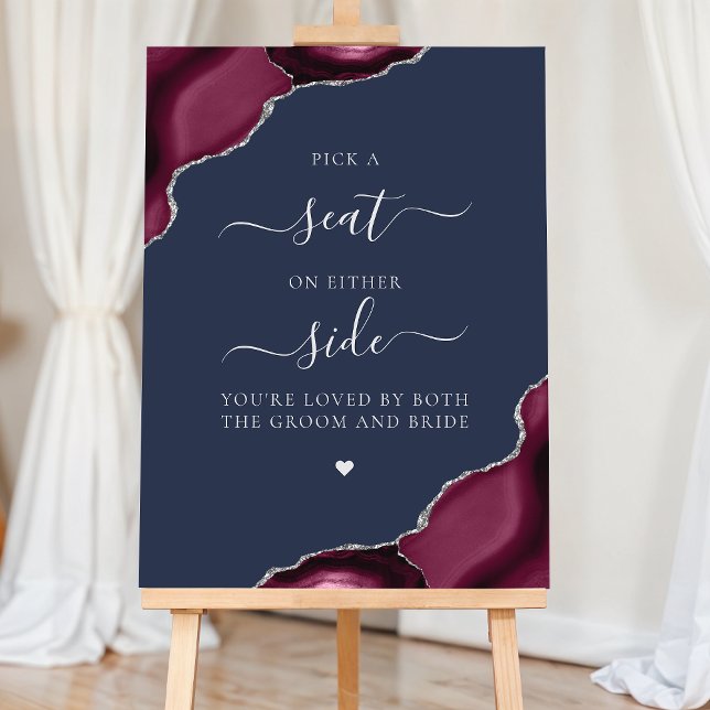 Pick a Seat Burgundy Agate Silver Navy Wedding Foam Board (Creator Uploaded)