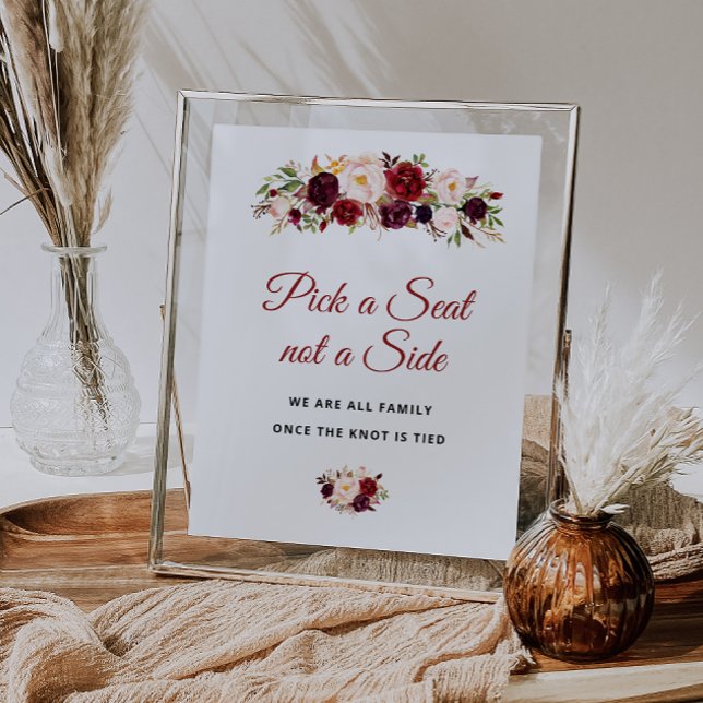 Pick a Seat burgundy and blush floral wedding sign (Creator Uploaded)