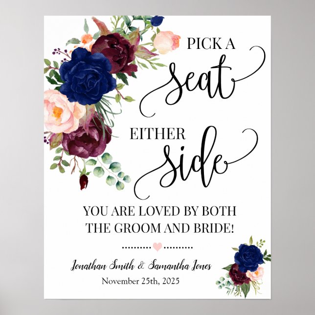 Pick a seat either side wedding ceremony navy sign (Front)