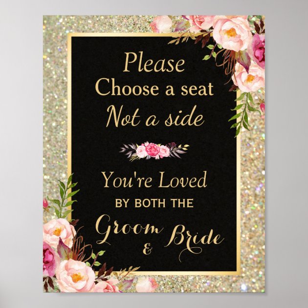 Pick A Seat Not A Side - Gold Glitter Wedding Sign Poster