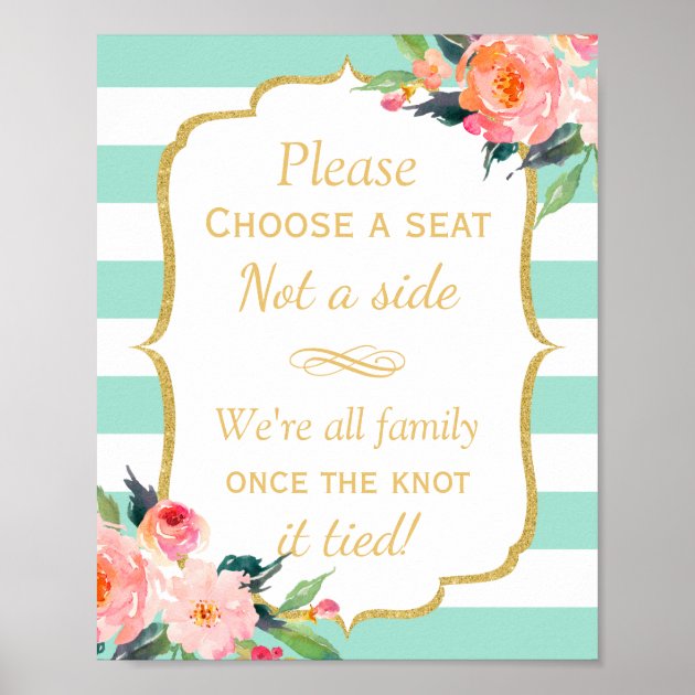 Pick A Seat Not A Side | Mint Green Stripes Floral Poster