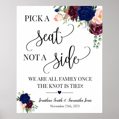 Pick a seat not a side wedding ceremony navy sign