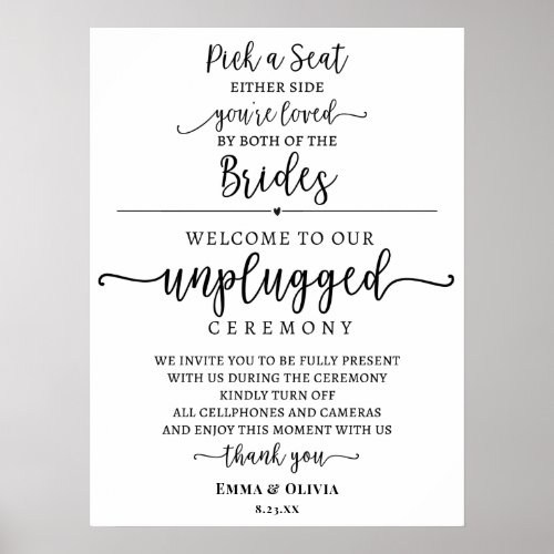 Pick a seat unplugged ceremony Brides sign