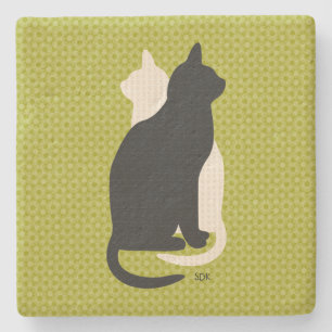 Pick Color Black White Cat Duo Yin Yang Style Stone Coaster