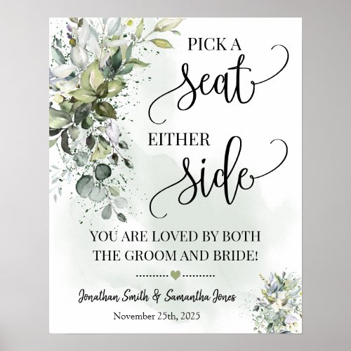 Pick seat either side wedding ceremony eucalyptus poster