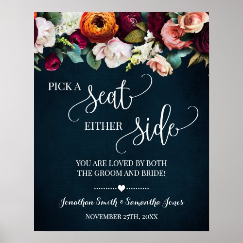 Pick Seat Either Side Wedding Wine Navy Sign