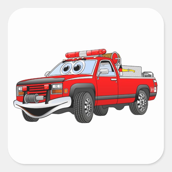 Pick Up Fire Truck Cartoon Square Stickers