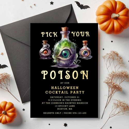 Pick Your Poison Halloween Cocktail Party Gold Foil Invitation