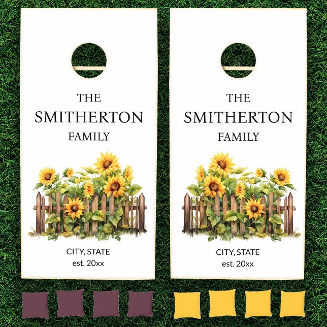 Picket Fence Sunflowers Family Name Date Cornhole Set (Sunflowers and picket fence custom family name cornhole set)
