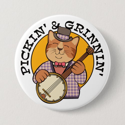 Pickin' and Grinnin' Orange Cat Playing Banjo Round Button