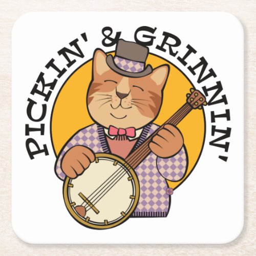 Pickin and Grinnin Banjo Cat Square Paper Coaster