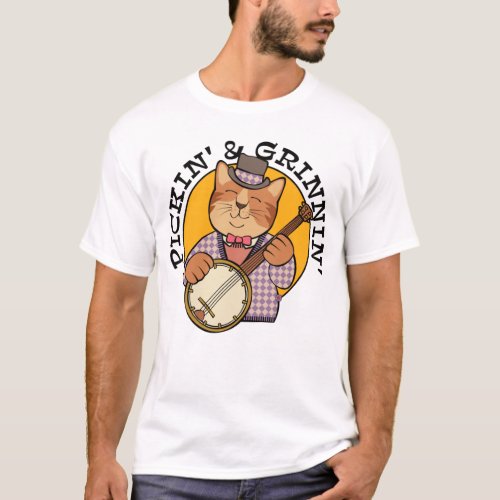 Pickin and Grinnin Banjo Cat T_Shirt