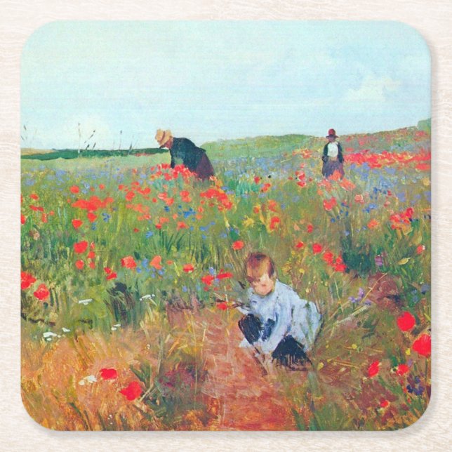 Picking Flowers in a Field, Mary Cassatt Square Paper Coaster (Front)
