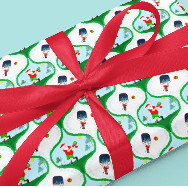 Pickle ball Christmas With Santa In Florida Wrapping Paper (Festive retro pickleball wrap - Santa plays with tropical vibes and flair!)