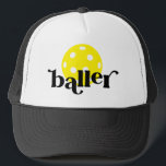Pickle Baller Funny Black and White Trucker Hat<br><div class="desc">Funny pickle baller black and white and yellow trucker hat with bright yellow editable colors pickleball icon and "baller" in a trendy bouncy serif block font,  perfect for the pickleball player.</div>