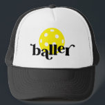 Pickle Baller Funny Black and White Trucker Hat<br><div class="desc">Funny pickle baller black and white and yellow trucker hat with bright yellow editable colors pickleball icon and "baller" in a trendy bouncy serif block font,  perfect for the pickleball player.</div>