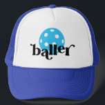 Pickle Baller Funny Blue Trucker Hat<br><div class="desc">Funny pickle baller blue and cyan trucker hat with bright yellow editable colors pickleball icon and "baller" in a trendy bouncy serif block font,  perfect for the pickleball player.</div>