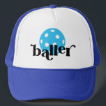 Pickle Baller Funny Blue Trucker Hat<br><div class="desc">Funny pickle baller blue and cyan trucker hat with bright yellow editable colors pickleball icon and "baller" in a trendy bouncy serif block font,  perfect for the pickleball player.</div>