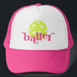 PIckle Baller Funny Pink Trucker Hat<br><div class="desc">Funny pickle baller pink trucker hat with bright yellow editable colors pickleball icon and "baller" in a trendy bouncy serif block font,  perfect for the pickleball player girl or woman.</div>