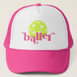 PIckle Baller Funny Pink Trucker Hat<br><div class="desc">Funny pickle baller pink trucker hat with bright yellow editable colors pickleball icon and "baller" in a trendy bouncy serif block font,  perfect for the pickleball player girl or woman.</div>